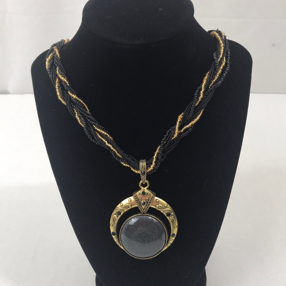 Black and Gold Boho necklace pendant